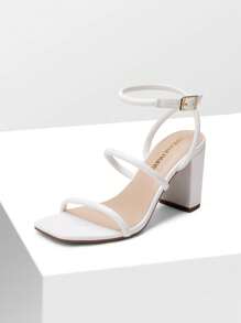 Women Chunky High Heeled Sandals Square Open Toe Rhinestone Decor Strappy Ankle Strap High Heeled Sandals For Wedding Party Valentine's Day - White - View 1
