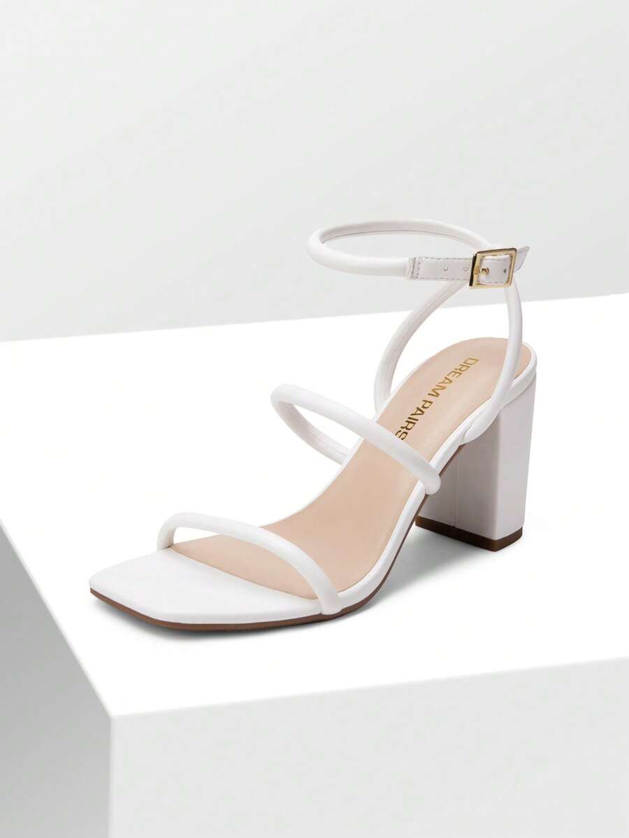 Women Chunky High Heeled Sandals Square Open Toe Rhinestone Decor Strappy Ankle Strap High Heeled Sandals For Wedding Party Valentine's Day - White - View 1