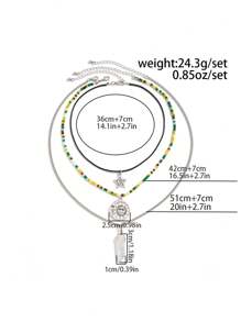 3pcs/Set Vintage Bohemian & Hippie Style Asymmetrical Crystal Pendant & Bead Necklace, Women Daily & Vacation Decorative Jewelry Set (Crystal Shape & Size May Vary)