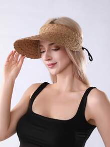 Beach Straw Sun Hat For Women Crochet Frayed Floppy Bucket Hat Wide Brim Sun Protection Straw Hat - A - View 11