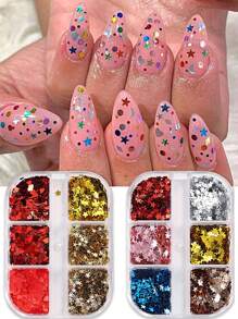6 格心形迷你星星混合美甲亮片可爱彩色五角星混合尺寸爱心闪亮全息美甲设计卡哇伊 Y2K 美甲装饰美甲沙龙美甲用品 DIY - 彩色 - 查看 3