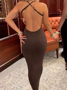 2025 New Fashion Vintage French Style Simple Dress, Spring - Brown - View 3