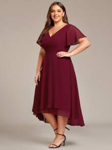 EVERPRETTY Plus Size Elegant High Low Flowing Chiffon V-Neck Ruffle Sleeves Bridesmaid Dress - Burgundy - View 4