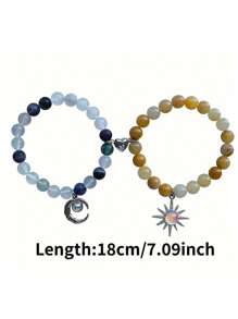 2Pcs/Set Matching Sun & Moon Charms Stone Beads Bracelets For Couples Best Friend, Matching Heart Charm Bracelets Gifts For Couples Friendship Jewelry To Sister Bestie Long Distance Gift For Bf Gf - Multicolor - View 6