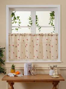 1 件复古樱桃刺绣流苏薄纱窗帘，轻质农舍风格咖啡厅窗帘，适用于厨房、客厅、办公室家居装饰 - 紅櫻桃 - 查看 11