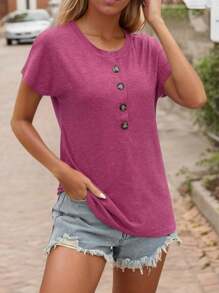 SANOPY Women's T-Shirts,Going Out Tops For Women,Blouses For Women Dressy Casual,Womens Crew Neck Short Sleeve Buttons Tops Basic Loose Fit Blouse - 玫瑰紅 - 查看 3