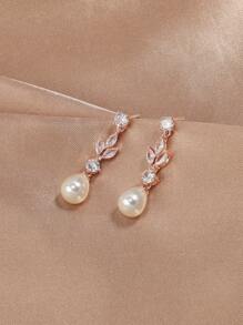 2 件叶形珍珠和方晶锆石耳环，优雅设计，适合新娘和伴娘 - 耳環 - 查看 2