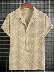 男士时尚经典几何镂空纹理领扣设计休闲衬衫，适合日常、通勤、街头装、夏季新品 - 卡其色 - 查看 3