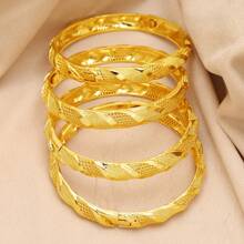 1pc Retro Style 24K Gold Plated Copper Open Bangle Bracelet, Luxury Arabian Bride Wedding Jewelry