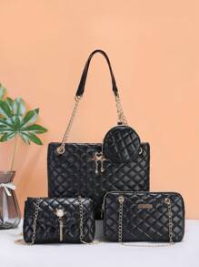 时尚黑色菱形包包套装！包括手提包和带链条的斜挎包，用途广泛，适合各种场合！ - 黑色 - 查看 1