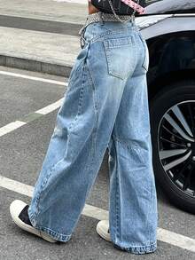 Y2K Vintage American High-Waisted Flared Banana Pants - Retro Blade Cut Wide-Leg Denim Trousers,Sickle Pants,Barrel-Leg Jeans - Light Wash - View 6
