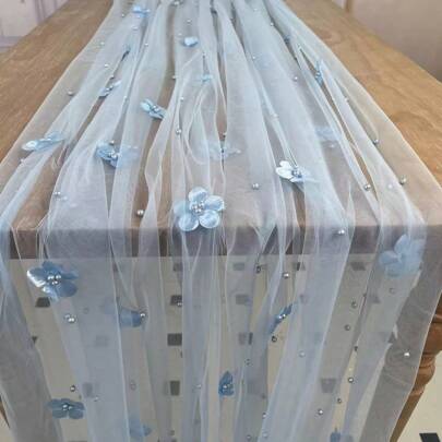 1pc Pearl Blue Floral Table Runner, Sheer Tulle Table Runner Decor, Suitable For Birthday Party, Valentine's Day, Banquet