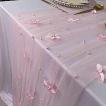 1 Stück perlrosa Blumen Tischläufer, Chiffon-Tüll-Tischdekorationsstoff für Geburtstagsfeiern, Valentinstag, Abschlussball