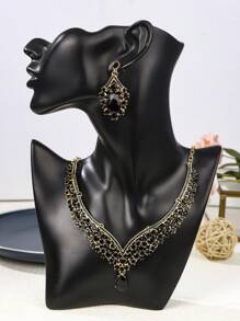 3pcs/Set Women Bride Wedding Necklace & Earrings Jewelry Set, Exquisite Party/Wedding Accessories Combination - Black - View 6