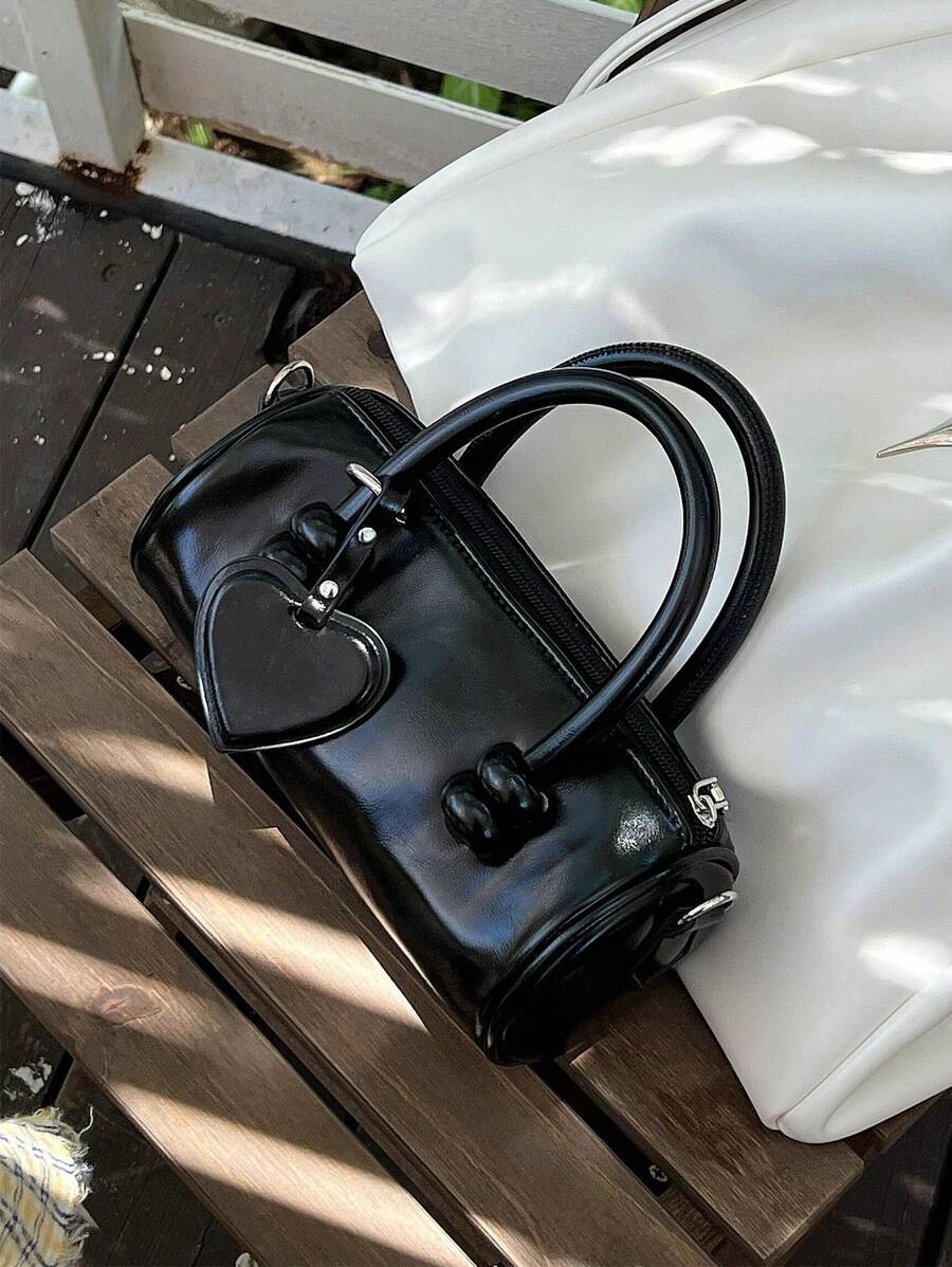 深色优雅亮面油皮圆柱包，小众设计波士顿枕头小包，时尚西式手提斜挎包 - 黑色 - 查看 1