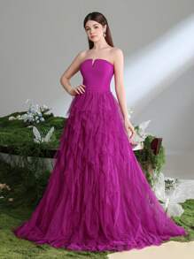 Teen Girl Elegant Strapless Party Prom Dress With Multi-Layer Mesh Hem - Hot Pink - View 2