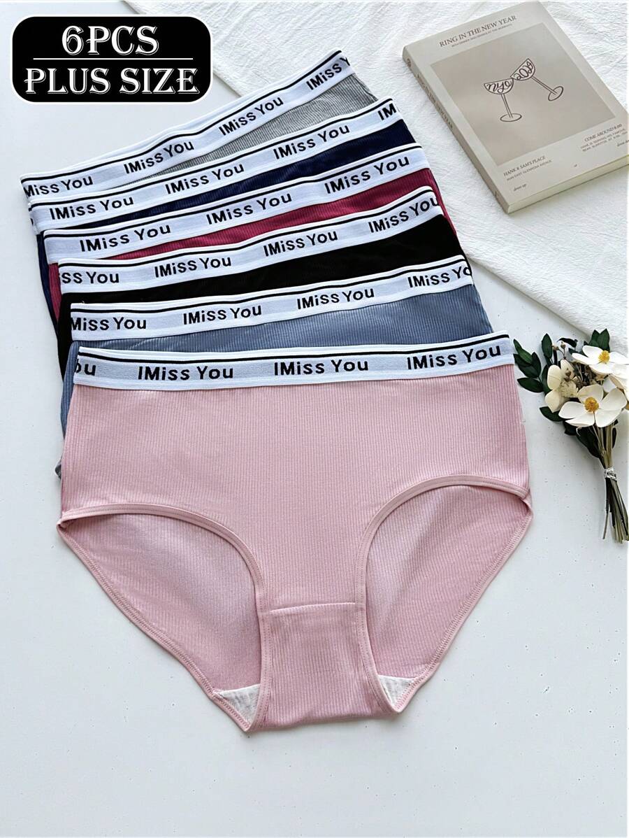 6 unidades/pacote plus size feminino elástico e respirável letra cós cobertura total triângulo calcinha - Multicolorido - Ver 1