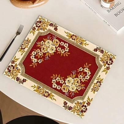 4 Piezas de Manteles individuales de lino con estampado floral - Manteles individuales rectangulares tejidos de lino, para comedor, cocina - Manteles individuales antideslizantes y resistentes al calor para mesa de café, decoración de mesa de comedor