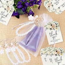 36/21/15件套图案合金珍珠钥匙扣，双花合金钥匙扣吊坠，可爱小白花珍珠饰品，耳机套，包包挂饰（5个珍珠花钥匙扣、5张感谢卡和5个欧根纱袋） - 15件(5套) - 查看 4