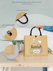 Customized Personalized Tote Bag With Easter Bunny And Name, Durable Gift Bag, For Easter Egg Hunt, Custom Easter Party Favor Bag - Khaki - View 6