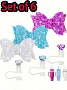 6 件/套可爱蝴蝶结和水钻可重复使用硅胶吸管帽、吸管顶盖，适合 20-40 盎司玻璃杯、饮料配件、派对桌面装饰，圣诞节、生日的绝佳礼物 - 彩色 - 查看 2