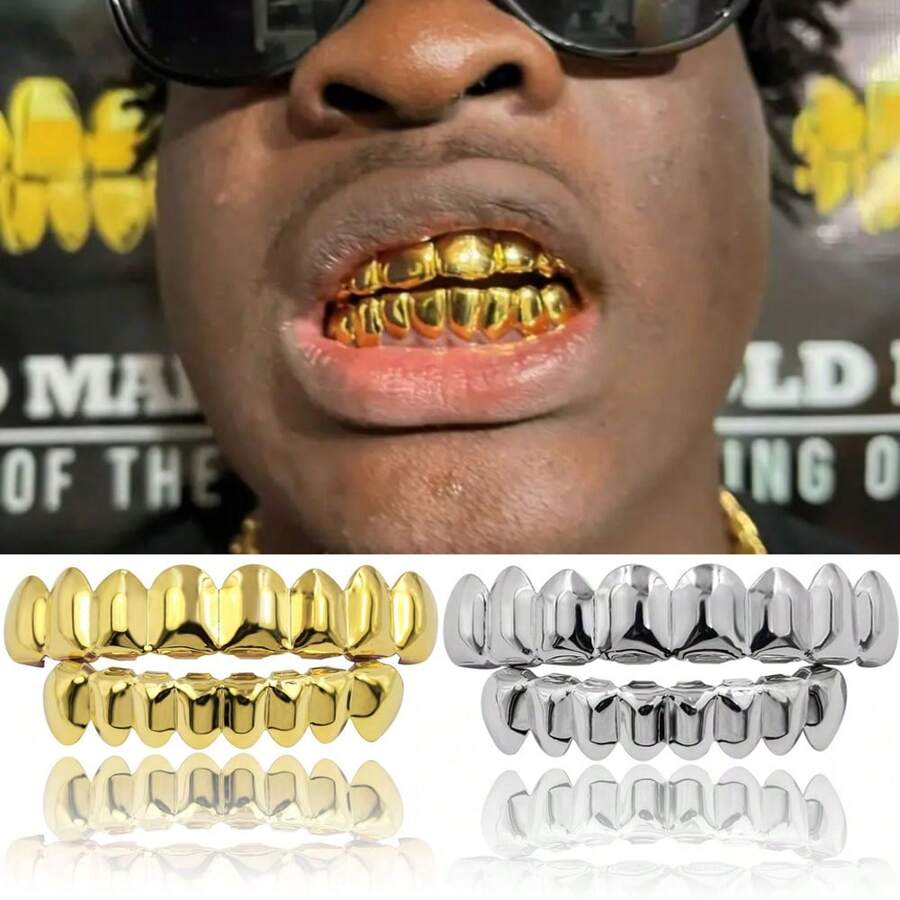 THATBOY 2pcs/Set Hip Hop Rapper Fashion Jewelry For Vampire Grillz 18K Golden Silvery Color Plated Braces Vampire Wolf Teeth Grills,Halloween