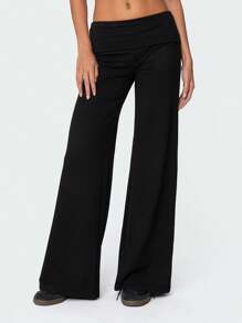 Women Fold Over Yoga Pants Low Rise Solid Color Stretch Casual Straight Wide Leg Palazzo Pants Loose Fit Comfy Flared Leggings Gym Lounge Pants Bootcut Bell Bottoms Baggy Sweatpants Teen Girl Back To School Bottoms Y2k Streetwear - 黑色 - 查看 3