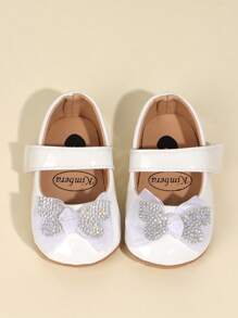 1 Pair Girls Bowknot Hook And Loop Design Flat Cute Princess Shoes,Suitable For 0-1 Year Old Toddler, Spring/Autumn - White - View 3