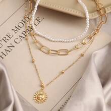 3-Layer Women's Faux Pearl Necklace With Simple Chain Sun Pendant - Gold - View 5