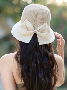 1pc Elegant Bowknot Decor Ladies Summer Bucket Hat, Breathable, Comfort, Wide Brim Sun Protection, Retro Lady Style, Foldable, Suitable For Everyday, Friend Gathering, Beach, Travel, Mother's Day Gift - A - View 9