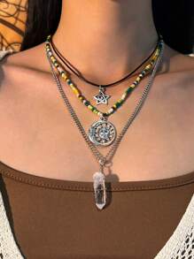 3pcs/Set Vintage Bohemian & Hippie Style Asymmetrical Crystal Pendant & Bead Necklace, Women Daily & Vacation Decorative Jewelry Set (Crystal Shape & Size May Vary)