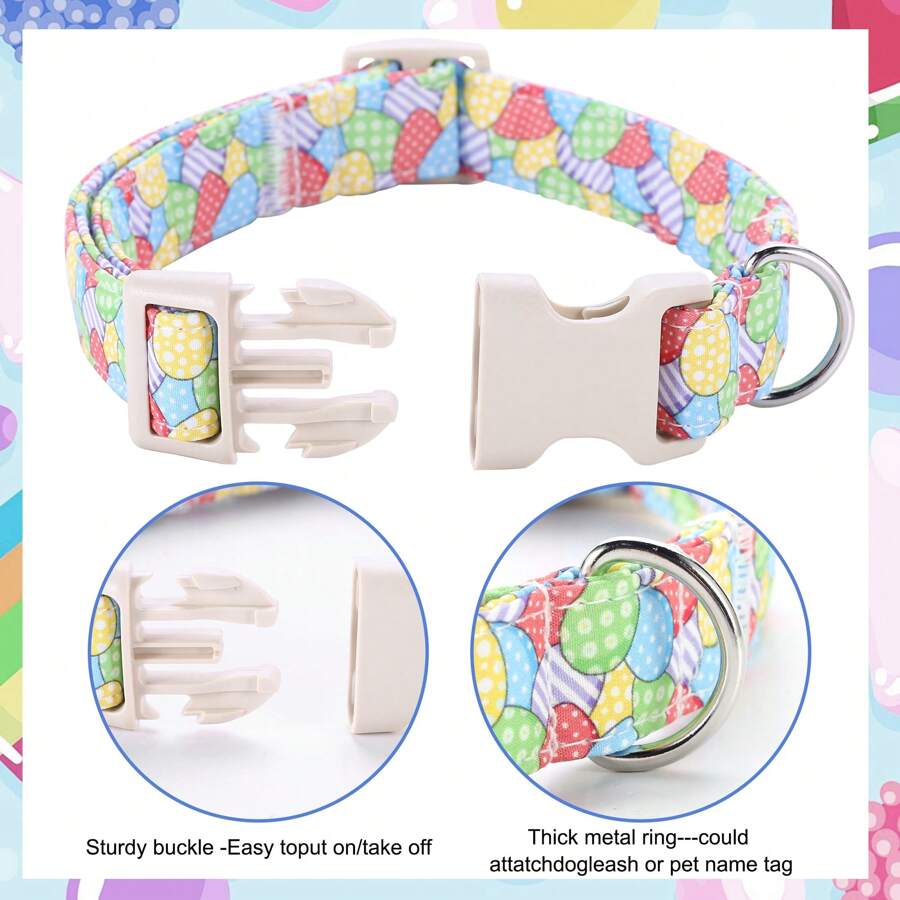 复活节主题！涤纶狗项圈，带有多色复活节彩蛋和兔子印花，有小号、中号和大号可供选择，适合公狗和母狗 - 彩色 - 查看 1