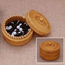 1pc 5.5*3.1 Inch Wicker Rattan Braided Round Storage Box For Snacks, Cosmetics, Jewelry, Dried Fruits, Desk Organizer