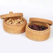 1pc 5.5*3.1 Inch Wicker Rattan Braided Round Storage Box For Snacks, Cosmetics, Jewelry, Dried Fruits, Desk Organizer