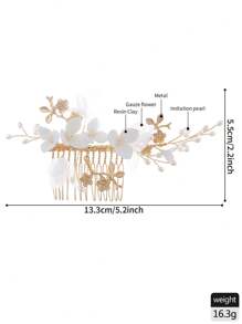 1 件金属花朵和叶子装饰手工白色和雪纺花朵发梳，适合春季婚礼、日常外出等场合 - 金色 - 查看 5
