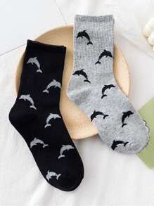 2/3 双装女士纯色海豚图案时尚简约街头运动中筒袜