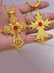Juego de collar con colgante de cruz grande chapado en oro de 24K de aleación de zinc, accesorio clásico
