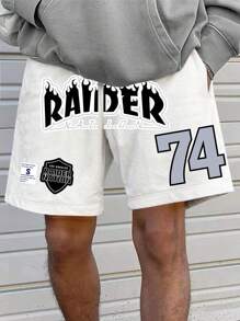 Men's Solid Color Letter Print Drawstring Waist Pocket Loose Casual Sports Shorts