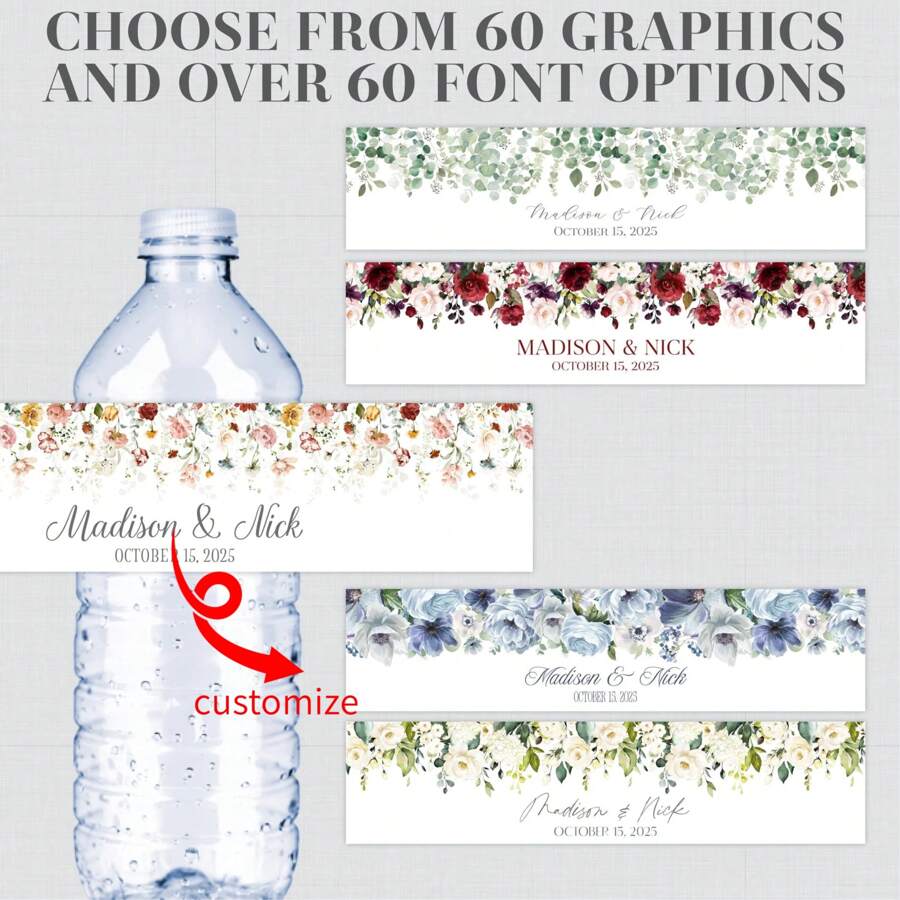 可定制花卉印花水瓶标签 - 婚礼水瓶标签，可选择花卉图案和字体