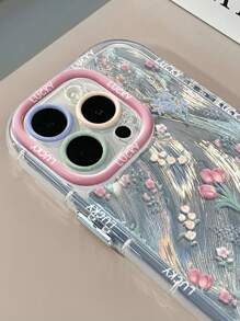 1 个郁金香花朵与幸运英文薄纱图案手机壳，1.5 毫米 IMD 硬壳三合一全覆盖气囊防摔精准孔相机环电镀独立按钮兼容 iPhone 16 Pro Max/15 Plus/14/13/12/11