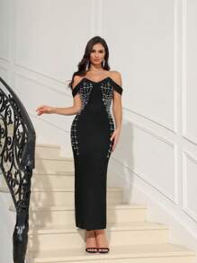 Love Aing 女士闪亮露肩开衩性感名人派对礼服、婚礼宾客礼服、优雅修身紧身鸡尾酒会礼服 - 黑色 - 查看 5