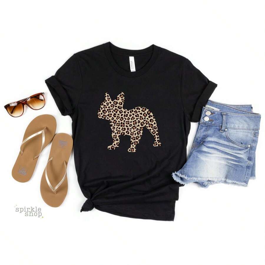 100% Cotton French Bulldog Leopard Print Shirt, Frenchie Exotic Mom TShirt, Wild Dog Mom Gift For French Bulldog Lover, Cute Frenchie Graphic Tee Print Round Neck Short Sleeve Unisex Stylish Slightly Breathable Designer Clothes Fashion Comfortable Graphic Homme Streetwear Stretched Versatile Casual Summer Soft - màu đen - Xem 1