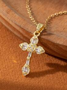 1件装百搭简约圣母玛利亚吊坠项链，女士个性化简约十字架首饰设计（彩色水钻随机） - 銀色 - 查看 4