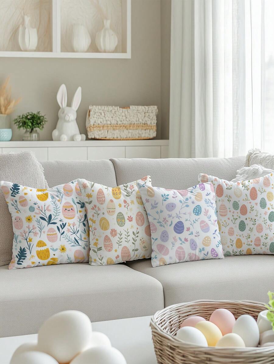 1 pezzo Federa decorativa a forma di uovo di Pasqua, misura 45x45cm, con motivo floreale primaverile, design dipinto a mano accogliente, copricuscino decorativo per il divano e la camera da letto - Multicolore - Visualizzare 1