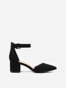 Women Pointed Toe Low Chunky Heels Pumps Ankle Strap Elegant Versatile Simple Shoes