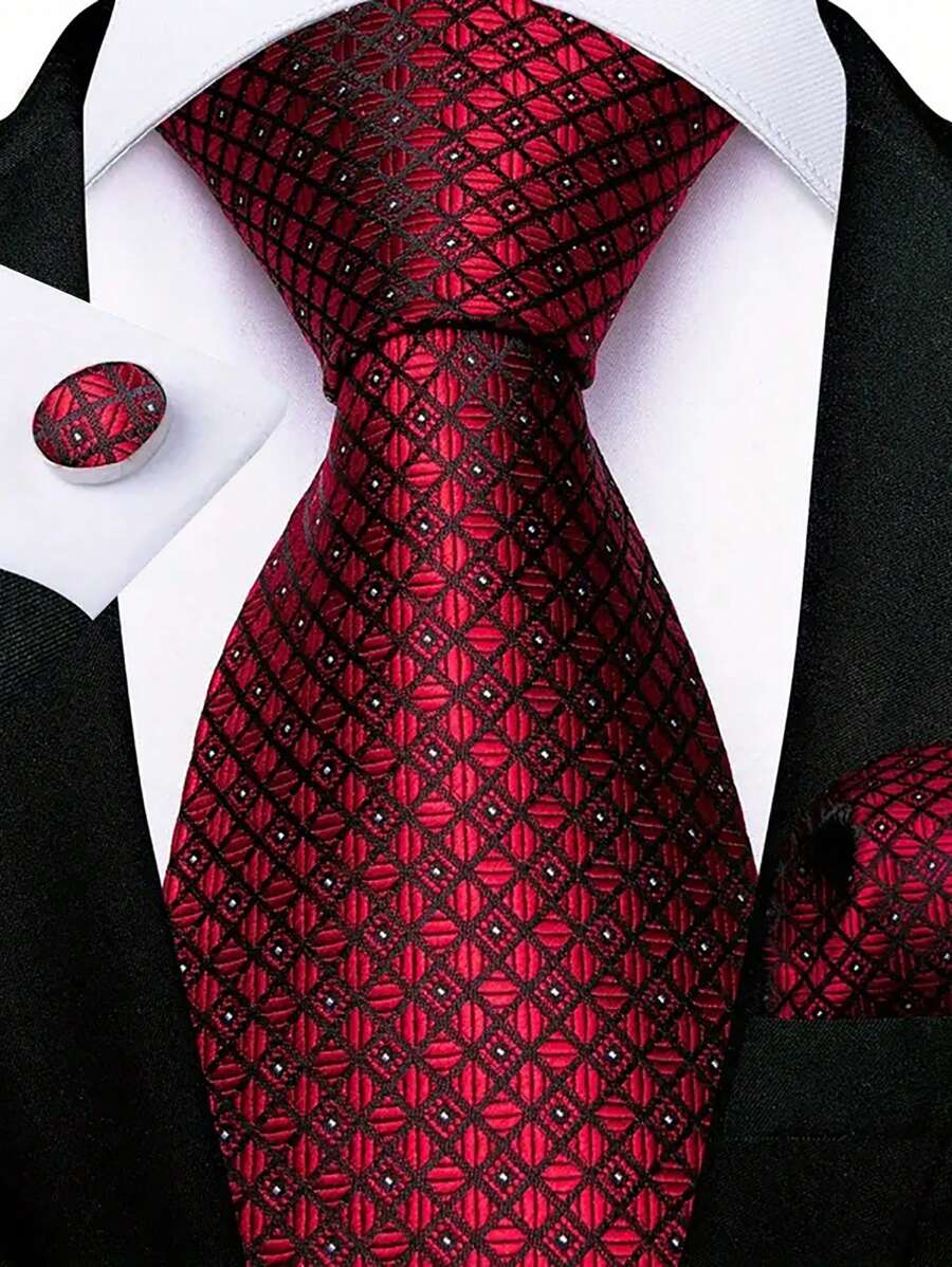 Men Tie Sets Classic Fashion Necktie Set With Cufflink For Business Party - Red - View 1