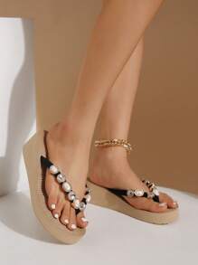 女士厚底人字拖坡跟高跟厚底沙滩休闲人字拖凉鞋，黑色 - 黑色 - 查看 2