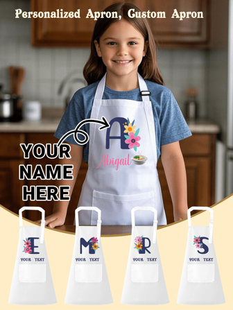 Personalisierte Schürze für Mädchen, Küchenschürze, individuelle Kochschürze mit Tasche, individuelle Schürze für Kleinkind Mädchen und Jungen, personalisierte Schürze, multifunktional, dekorativ, Buchstabe, stilistisch, modern, bunt, Kawaii, bezaubernd, süß, lässig, individuell, personalisiert, einzigartig, angepasst, Sohn, Tochter Schulanfang