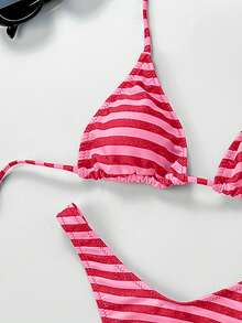 Women Vacation Stripe Printed Basic Swimwear For Summer Days From Poolside To Beachside, Everyday Mini Triangle Cheeky Bikini Beachwear - Red - View 4