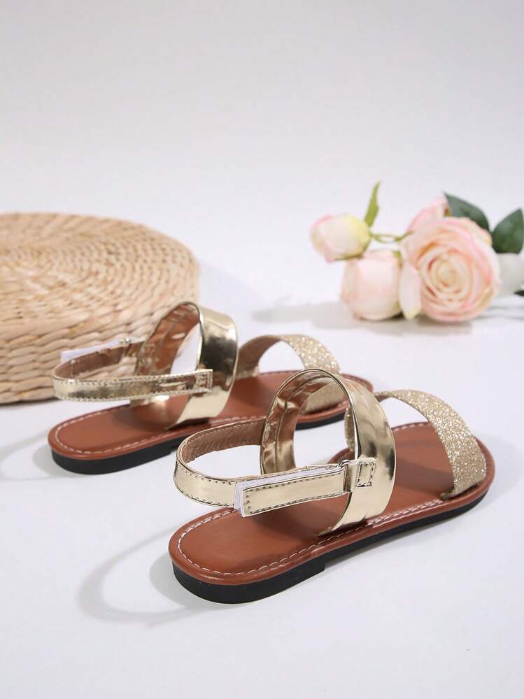 女童户外凉鞋夏季新款闪亮设计防滑时尚大方儿童平底沙滩凉鞋 - 金色 - 查看 6